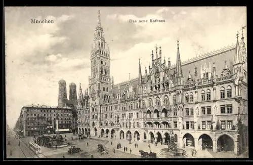 AK München, Das neue Rathaus, Strassenbahn