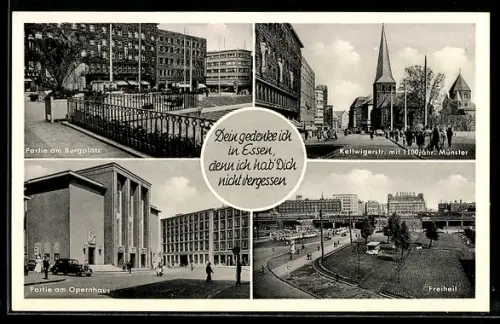 AK Essen, Burgplatz, Kettwigerstrasse mit Münster, Opernhaus, Freiheit