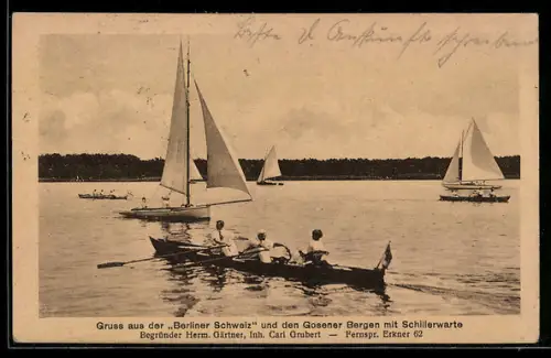 AK Erkner, Berliner Schweiz, Gosener Berge, Schillerwarte, Gasthaus Gärtner, Inh. Carl Grubert, Segelboote