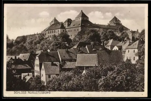 AK Augustusburg, Teilansicht m. Schloss Augustusburg, Burg-Wirtschaft Inh. H. Krumbiegel