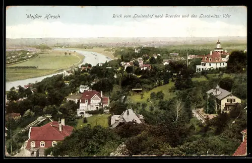 AK Weisser Hirsch, Blick vom Louisenhof nach Dresden und dem Loschwitzer Ufer