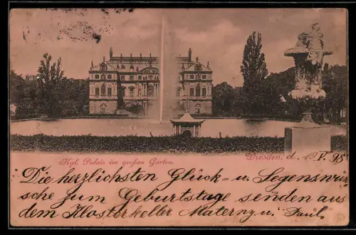 AK Dresden, Hofpalais im Grossen Garten, Brunnen, Statue