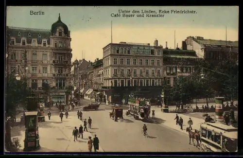 AK Berlin, Unter den Linden Ecke Friedrichstr., Café Bauer und Kranzler, Pferdebus