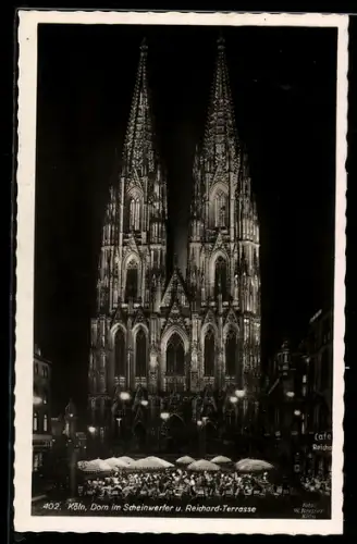 AK Köln, Dom im Scheinwerfer und Reichard-Terrasse