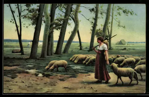 Künstler-AK Stengel & Co. Nr. 29967: Auf dem Lande, Hirtin mit Schafen
