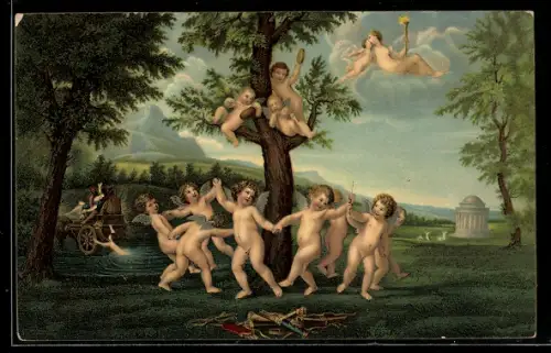 AK tanzende Engel am Baum, Pfeile und Bögen liegen im Gras