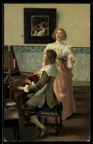 AK The Carol, Mann sitzt an einem Klavier, Frau im Kleid singt zu seinem Spiel