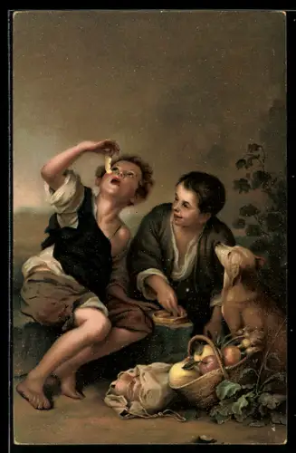 Künstler-AK Stengel & Co. Nr. 29978: Die Pastetenesser, zwei Kinder mit Hund