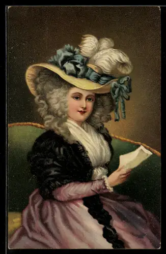 AK Blaue Schleifen als Zier am Hut einer Dame