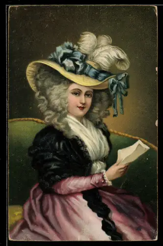 AK Blaue Schleifen als Zier am Hut einer Dame