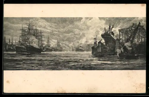 AK Hamburg, Hafen, Wandgemälde im Grossen Saal des Rathauses