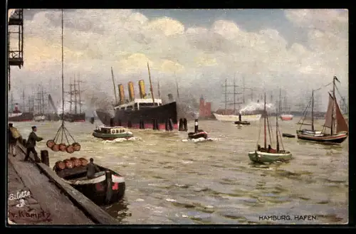 Künstler-AK Hamburg, Hafenpanorama