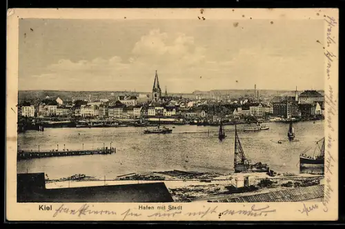 AK Kiel, Teilansicht mit Kirche und Hafen
