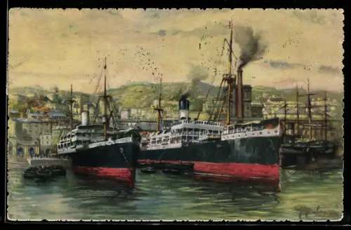 AK Genova, Hafen mit angelegten Dampfern
