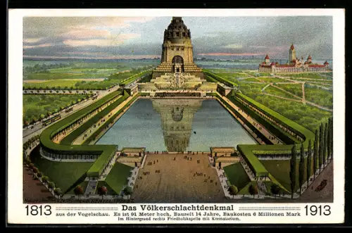 AK Leipzig, Völkerschlachtdenkmal aus der Vogelschau, Hintergrund rechts Friedhofskapelle mit Krematorium