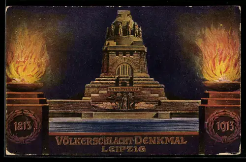AK Leipzig, Völkerschlachtdenkmal zwischen zwei Feuerschalen