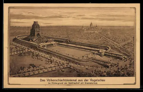 AK Leipzig, Völkerschlachtdenkmal aus der Vogelschau, mit Südfriedhof und Krematorium