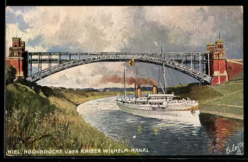 Künstler-AK Kiel, Hochbrücke über den Kaiser Wilhelm-Kanal
