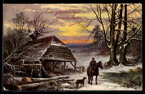 Künstler-AK Raphael Tuck & Sons Nr. 9230: Mann auf einem Pferd mit Hund vor einer Scheune