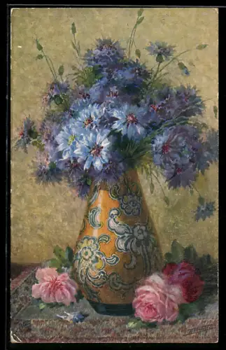 Künstler-AK Raphael Tuck & Sons Nr. 3572: Flowers in Vases, Cornflowers, Roses