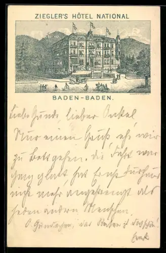 Vorläufer-Lithographie Baden-Baden, 1893, Ziegler`s Hotel National