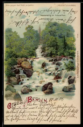 Lithographie Berlin-Kreuzberg, Wassersturz im Victoria-Park, Nachtansicht mit Mondschein im Gegenlicht