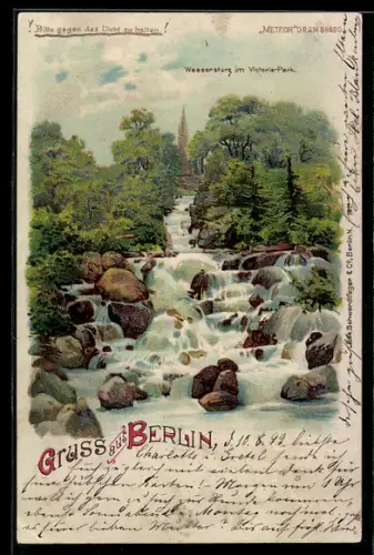Lithographie Berlin-Kreuzberg, Wassersturz im Victoria-Park, Nachtansicht mit Mondschein im Gegenlicht