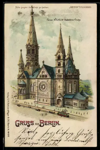 Lithographie Berlin-Charlottenburg, Kaiser Wilhelm-Gedächtnis-Kirche mit Strassenbahn, Halt gegen das Licht