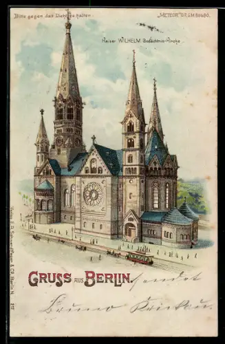 Lithographie Berlin-Charlottenburg, Kaiser Wilhelm Gedächtnis-Kirche mit Strassenbahn, Halt gegen das Licht