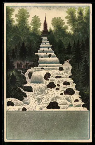 Lithographie Berlin-Kreuzberg, Wassersturz im Victoria-Park, Halt gegen das Licht