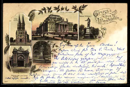 Vorläufer-Lithographie Wiesbaden, 1895, Königl. Hoftheater, Denkmal Wilhelm I., Bodenstedt-Denkmal, Ring-Kirche