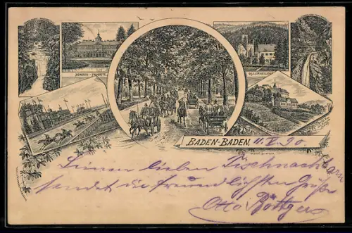 Vorläufer-Lithographie Baden-Baden, 1890, Schloss Favorite, Allerheiligen, Trabrennbahn, Schloss Eberstein