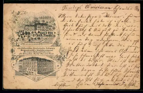 Vorläufer-Lithographie Schandau, 1891, Hegenbarth`s Hotel, Hotel Reichs-Post in Dresden, Bes. Richard Valentin,