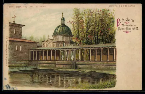Lithographie Potsdam, Mausoleum Kaiser Friedrich III., Vollmond, Halt gegen das Licht