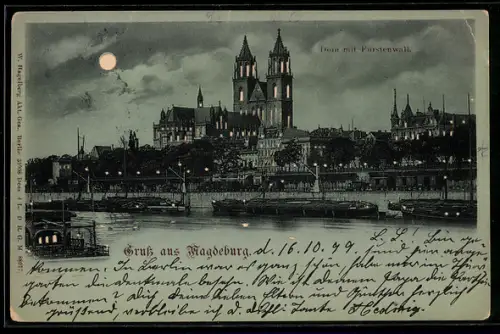 Lithographie Magdeburg, Dom mit Fürstenwall, beleuchtete Fenster, Halt gegen das Licht