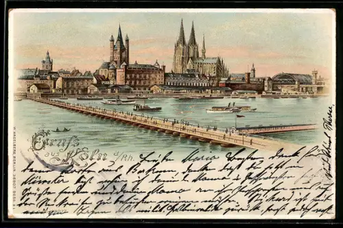 Lithographie Köln a. Rh., Panorama und Rheinpartie bei Tag und bei Nacht, Halt gegen das Licht