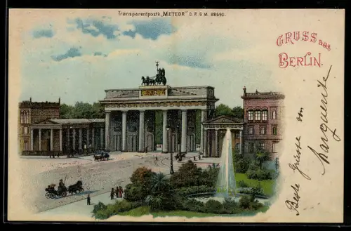 Lithographie Berlin, Brandenburger Tor, Mond und bei Halt gegen das Licht