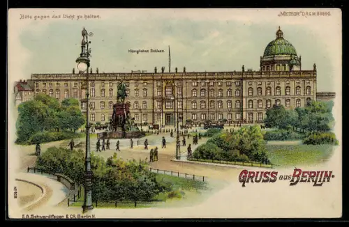 Lithographie Berlin, Königliches Schloss, Ansicht bei Vollmond, Halt gegen das Licht