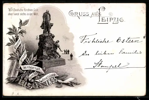 Vorläufer-Lithographie Leipzig, 1895, Bismarck-Denkmal, Unserm grossen Mitbürger zum 80. Geburtstage