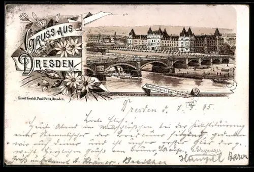 Vorläufer-Lithographie Dresden, 1895, Albertbrücke und Jäger-Kaserne aus der Vogelschau