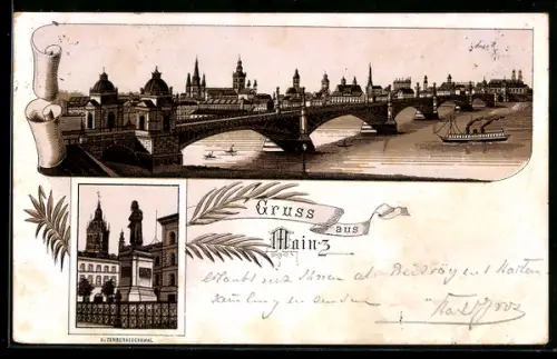 Vorläufer-Lithographie Mainz, 1893, Totalansicht mit Brücke und Flussdampfer und Gutenbergdenkmal