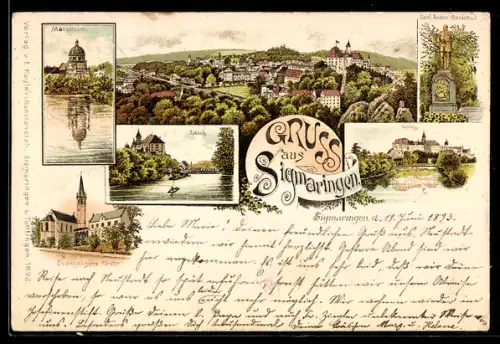 Vorläufer-Lithographie Sigmaringen, 1893, Totalansicht, Mausoleum, Schloss und Carl Anton-Denkmal