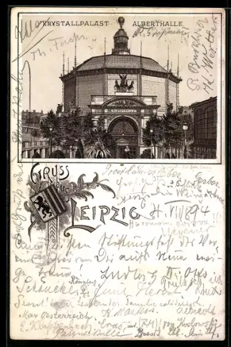 Vorläufer-Lithographie Leipzig, 1894, Krystallpalast Alberthalle, Aussenansicht