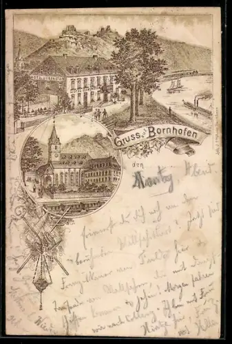 Vorläufer-Lithographie Bornhofen, 1893, Partie am Hotel Liebenstein, Blick auf die Kirche