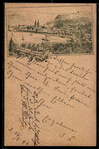 Vorläufer-Lithographie Boppard a. Rh., 1894, Ortsansicht mit Kirche am Ufer des Rheins