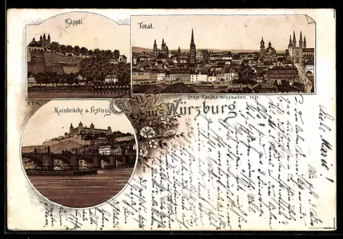 Vorläufer-Lithographie Würzburg, 1892, Mainbrücke und Festung, Käppli, Totalansicht der Stadt