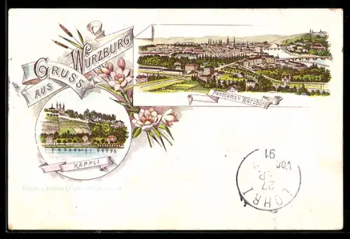 Vorläufer-Lithographie Würzburg, 1891, Panorama von Würzburg, Käppli