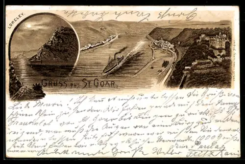 Vorläufer-Lithographie St. Goar, 1892, Ansicht vom Loreley-Felsen, Ortsansicht und Raddampfer auf dem Rhein
