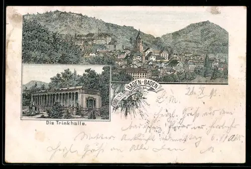 Vorläufer-Lithographie Baden-Baden, 1893, Ortsansicht mit den Anhöhen, Partie an der Trinkhalle