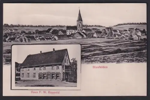 AK Blaufelden, Gasthaus F. W. Rappold, Ortsansicht mit Kirche